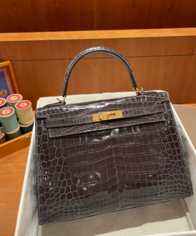 에르메스 켈리백32 브라운 금장 샤이니 악어가죽